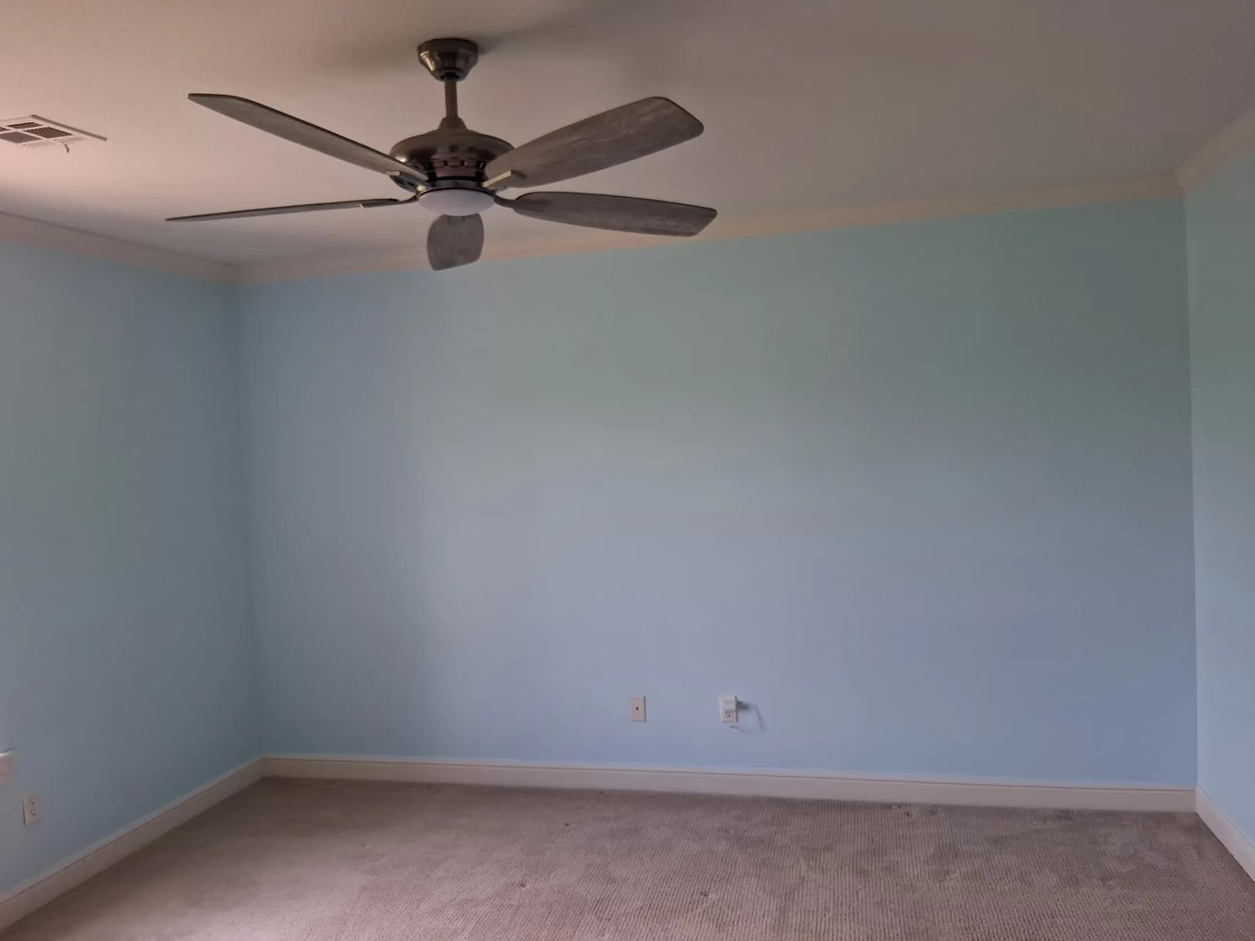 Blue interior walls with white crown molding during an interior painting project